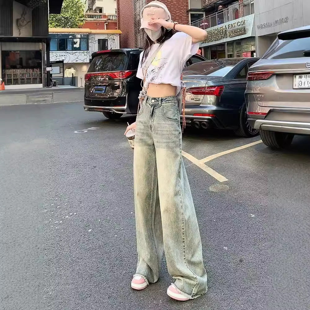 Retro Cement Yellow Straight Wide-leg Jeans For Women Spring And Summer New Loose Slim High Waist Drape Long Pants