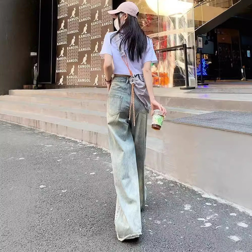 Retro Cement Yellow Straight Wide-leg Jeans For Women Spring And Summer New Loose Slim High Waist Drape Long Pants