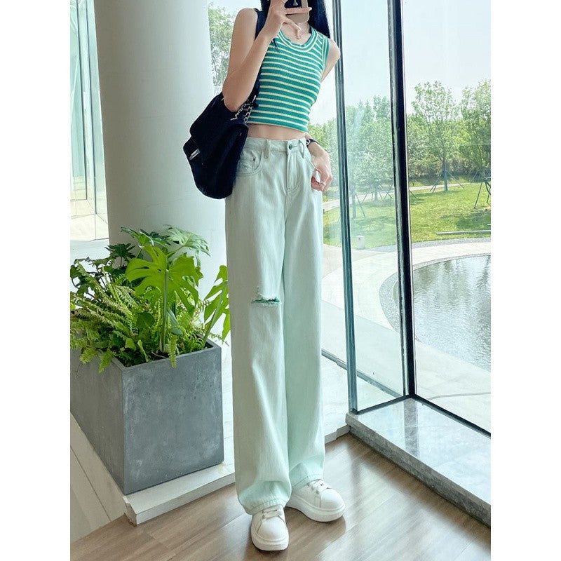 Summer Thin Mint Green Ripped Wide-leg Jeans For Women High Waist Loose Slim Straight Pants