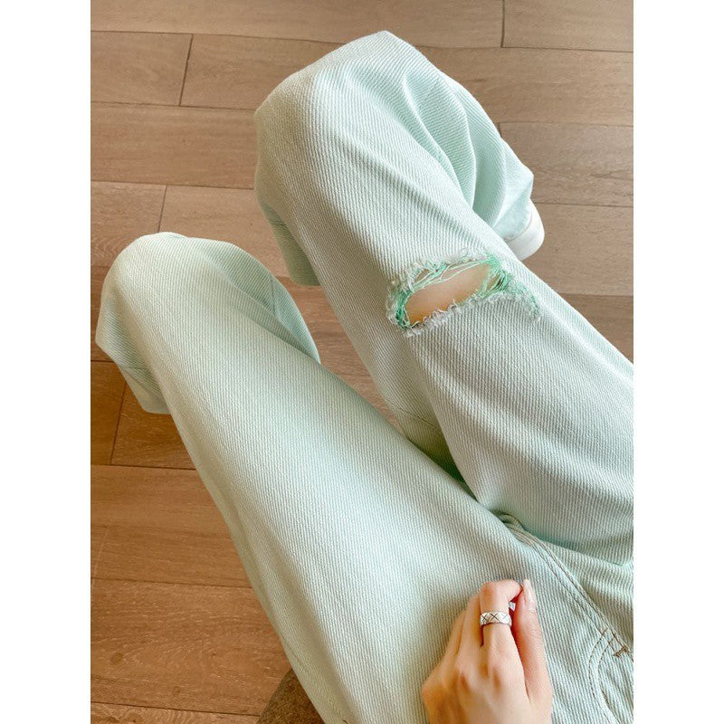 Summer Thin Mint Green Ripped Wide-leg Jeans For Women High Waist Loose Slim Straight Pants