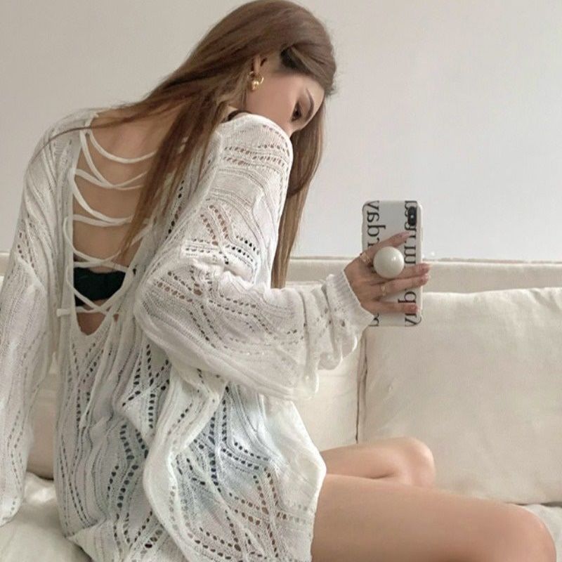 New Hot Girl Hollow Out V-neck Sun Protection Sweater Women