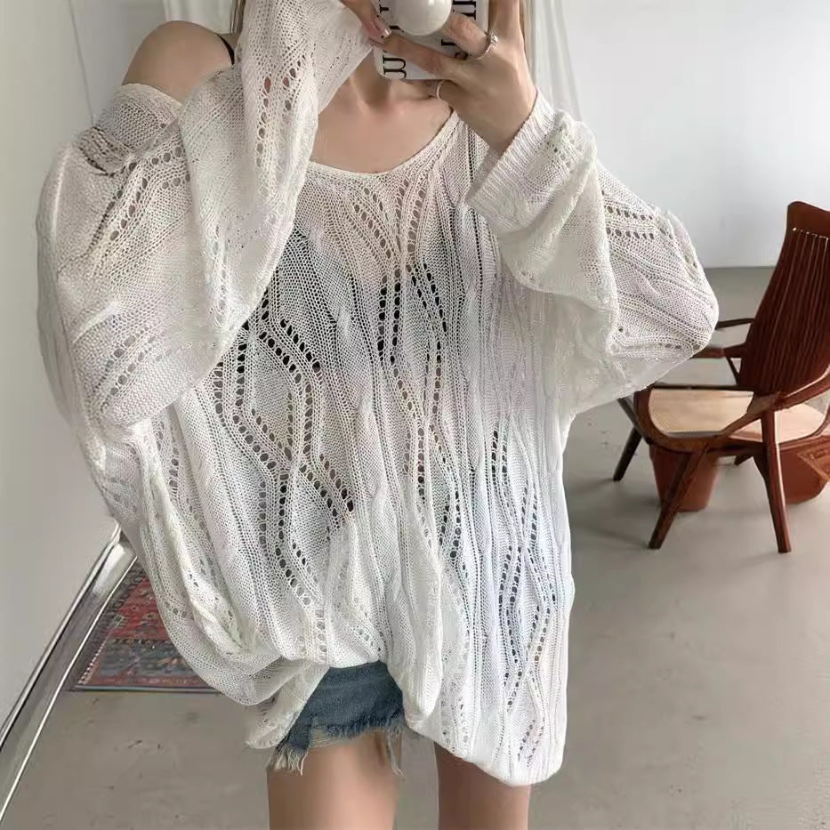 New Hot Girl Hollow Out V-neck Sun Protection Sweater Women