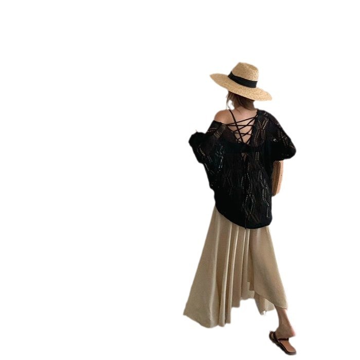 New Hot Girl Hollow Out V-neck Sun Protection Sweater Women