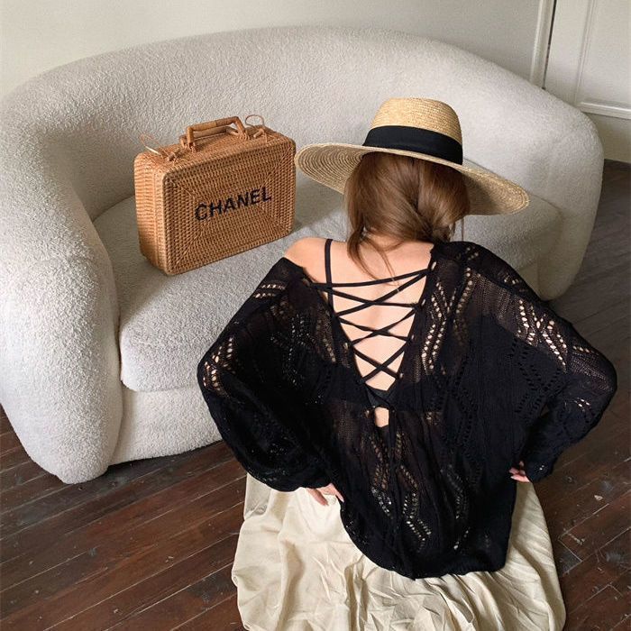 New Hot Girl Hollow Out V-neck Sun Protection Sweater Women