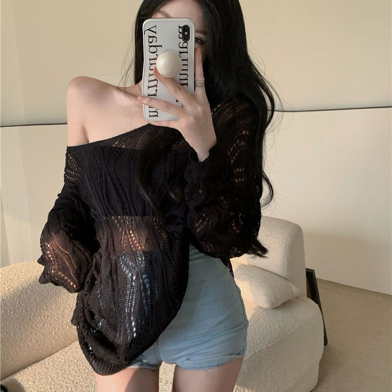 New Hot Girl Hollow Out V-neck Sun Protection Sweater Women